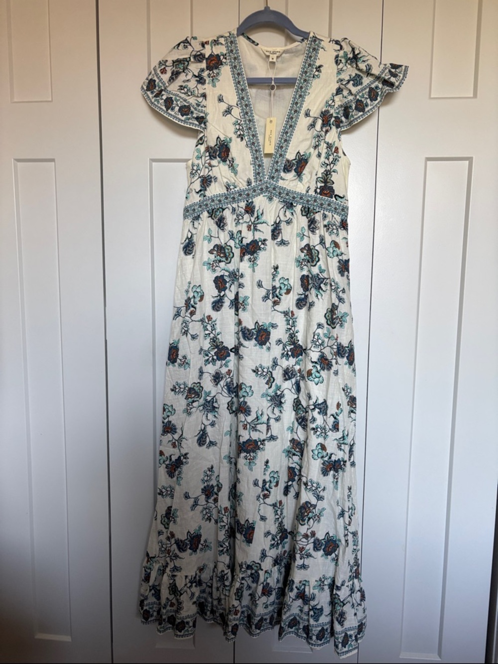 Max Studio White Maxi Dress with Teal and Rust Floral Print
